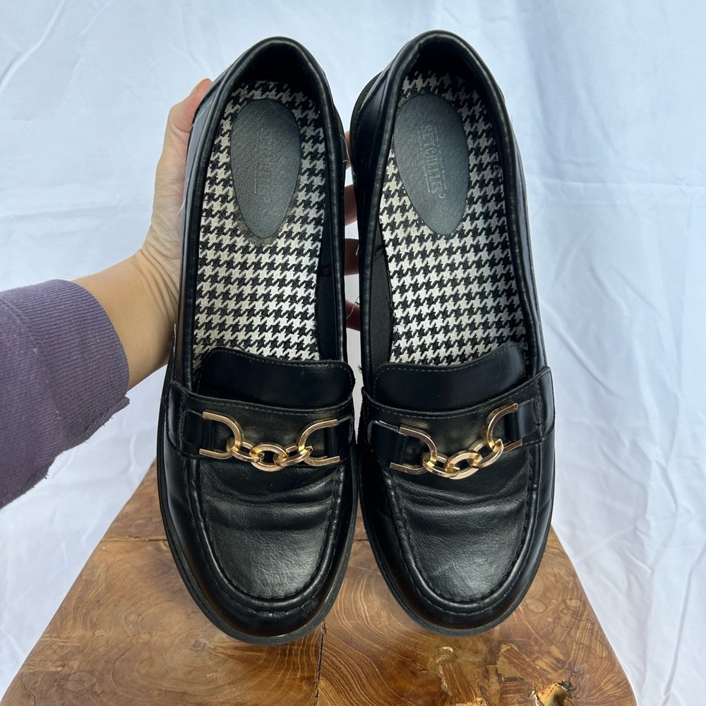 Seychelles Black Chunky Leather Lug Sole Loafers w/ Gold Chain size 9.5